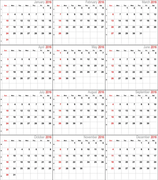 Calendario vectorial para 2016 — Vector de stock