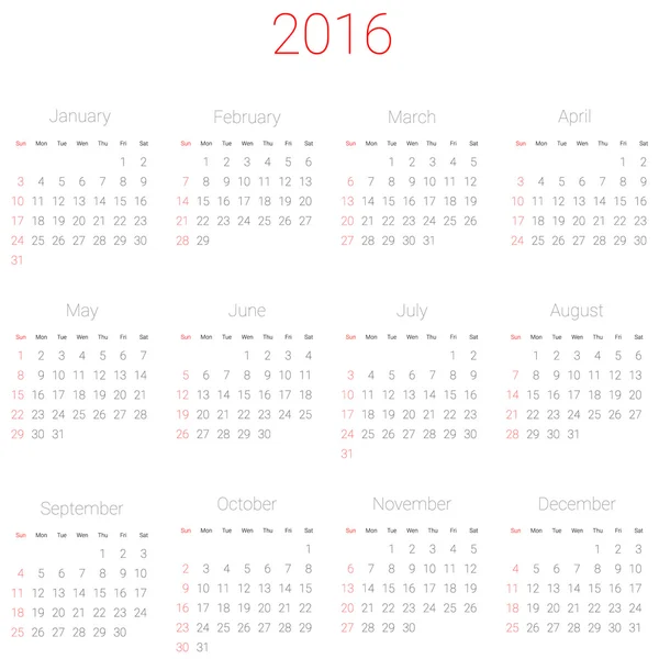 Calendario vectorial para 2016 — Vector de stock