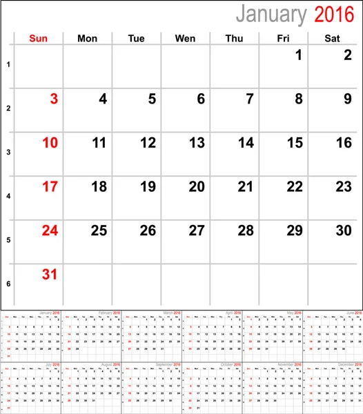 Calendario vectorial para 2016 — Vector de stock