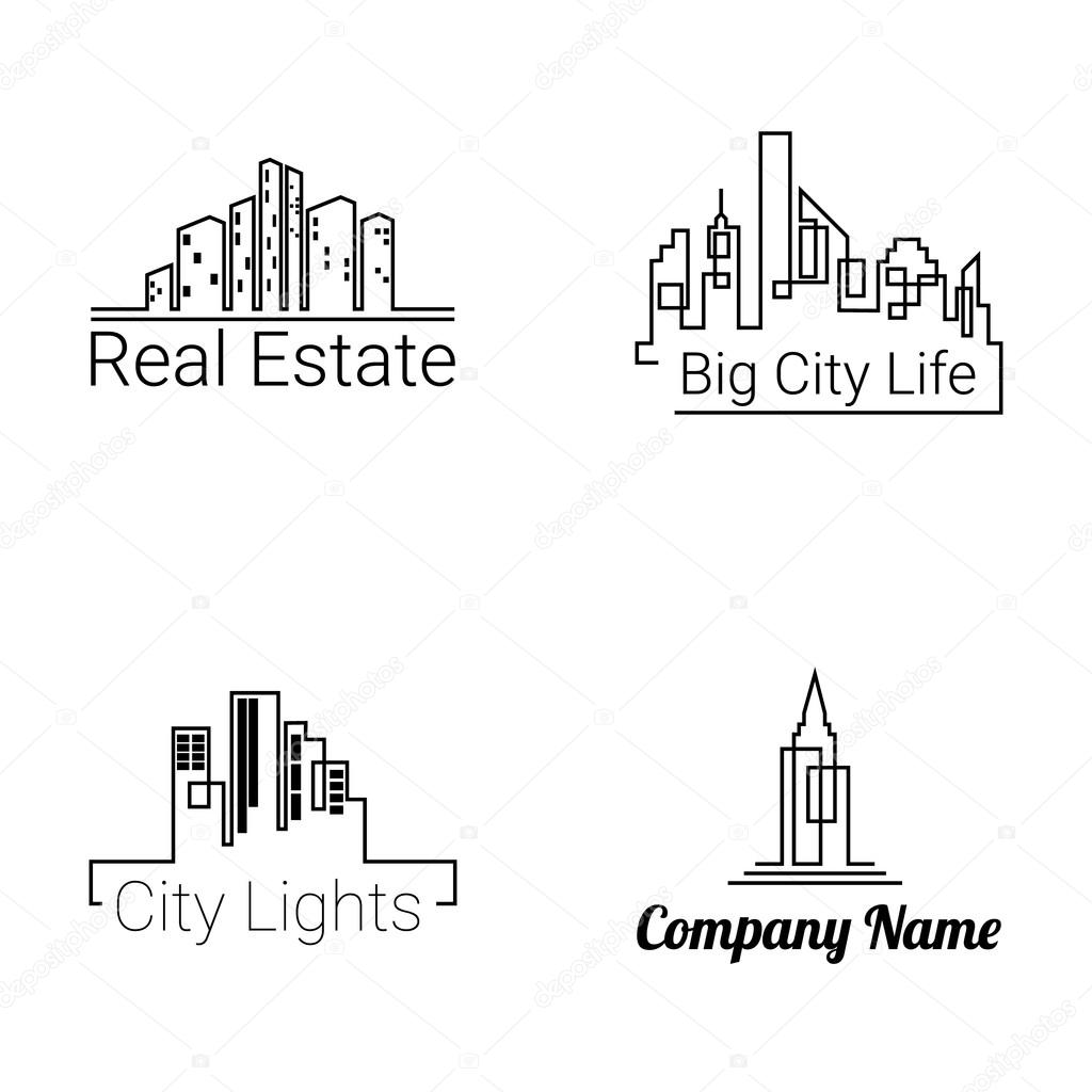 City buildings logo silhouette icons on white background. Vector