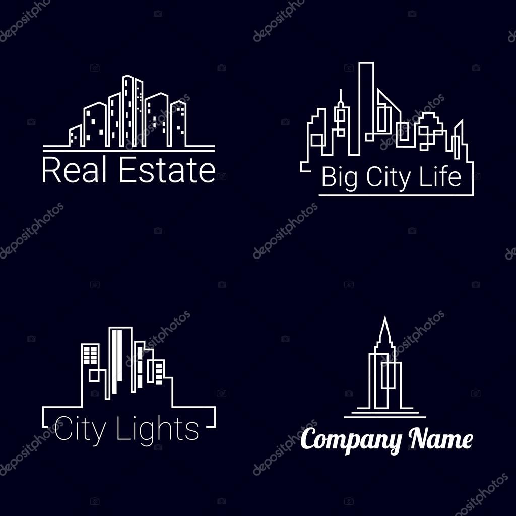 City buildings white logo silhouette icons on black background. Vector