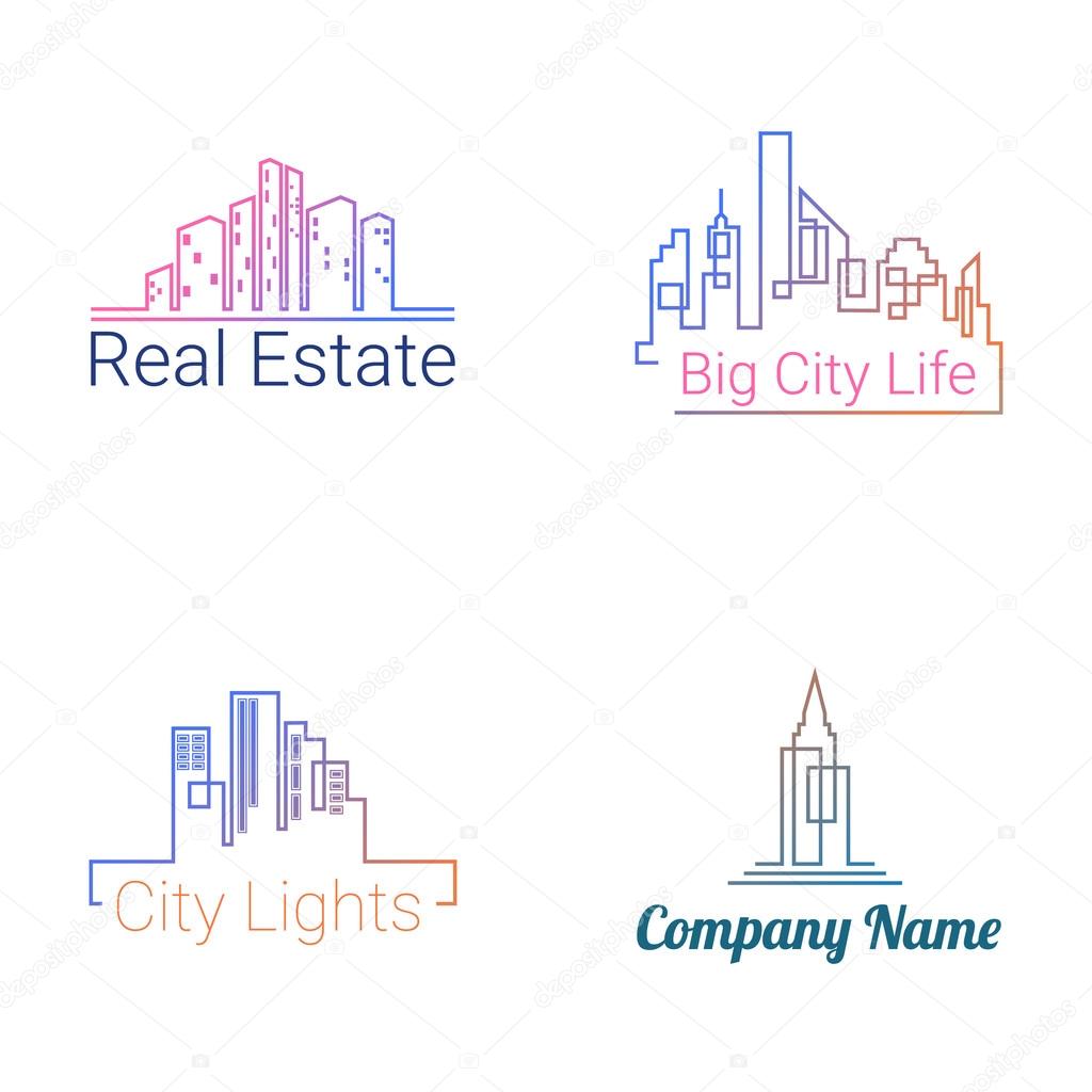 City buildings logo colored silhouette icons on white background. Vector
