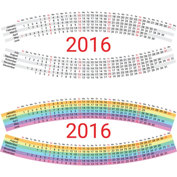 Calendario creativo arcobaleno 2016 — Vettoriale Stock