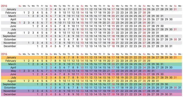 Calendário criativo arco-íris 2016 — Vetor de Stock