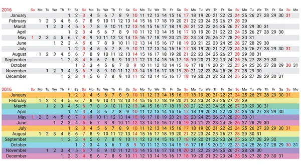 크리에이 티브 레인 보우 캘린더 2016 — 스톡 벡터