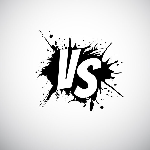 Versus letters logo. White V and S on black splash.