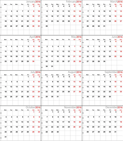 Calendario vectorial 2016 eurostyle — Vector de stock