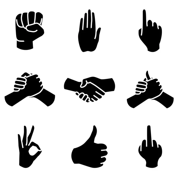 Ανθρώπινο χέρι συλλογή. Διαφορετικά χέρια χειρονομίες σήματα και πινακίδες. — Διανυσματικό Αρχείο