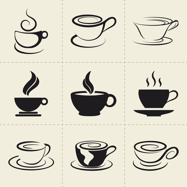 Набор кофейных иконок, также в качестве эмблемы, такой логотип
