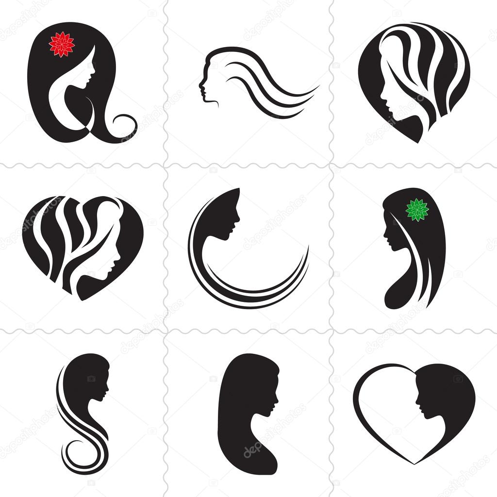 Set of elements for Logo,  beauty salon, company with female face, hair, heart on white background