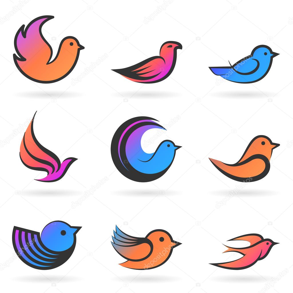 Collection of colored Bird shapes and logos on white background.Vector illustration