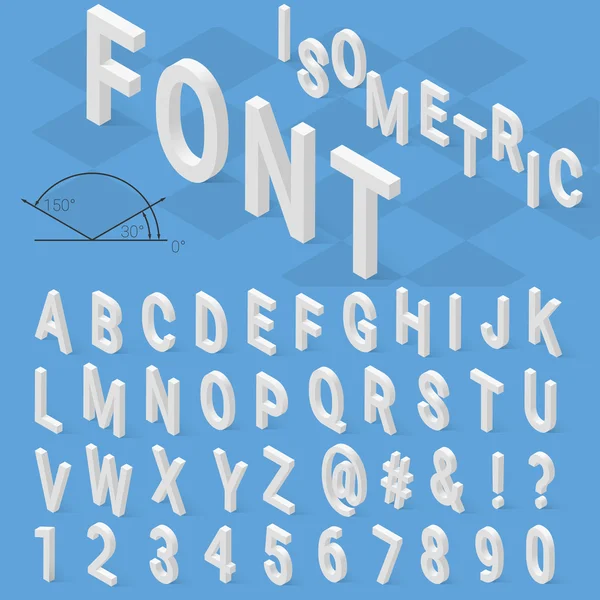Izometrické písmo abeceda s vržený stín na modrém pozadí — Stockový vektor