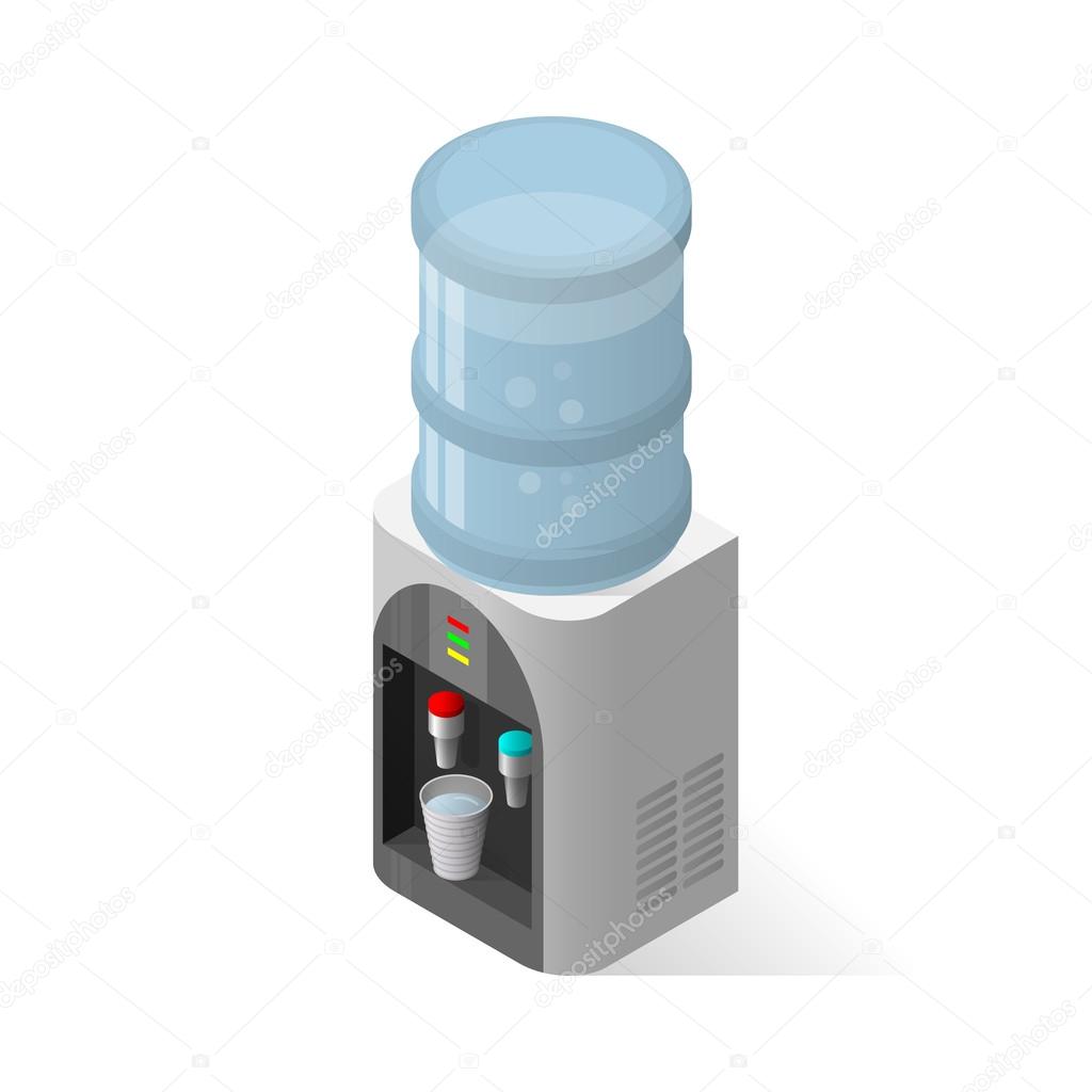 Realistic icon for water cooler with blue full bottle and cup.