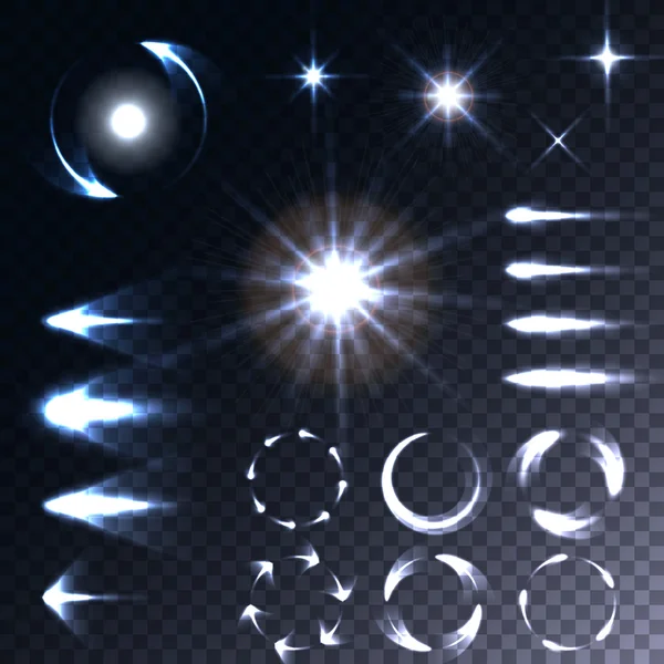 Conjunto vectorial de estrellas con efecto de luz brillante estalla con destellos aislados sobre fondo transparente — Vector de stock