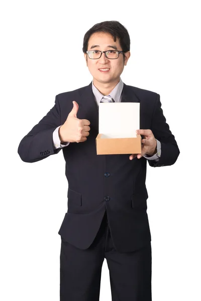 Asiatiska affärsman ger och transporterar paket, kartong, giv — Stockfoto