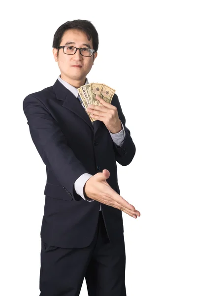 Success Asian businessman holding dollar money and shaking hands — Stock Photo, Image