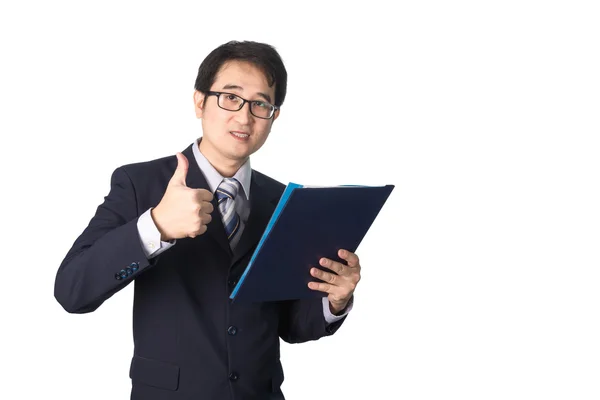 Asiatiska affärsman holding filmapp och göra tummen upp, isol — Stockfoto