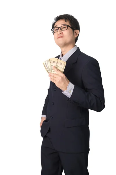 Success Asian businessman holding dollar money, isolated — Stock Photo, Image