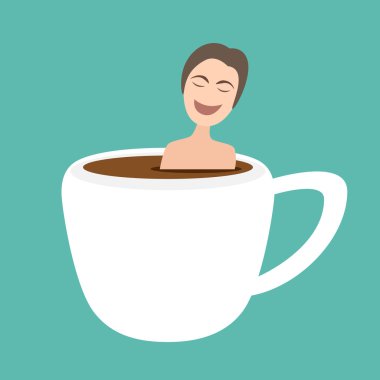 adam alma banyosunda onsen sıcak kahve fincanı, vektör, illüstrasyon