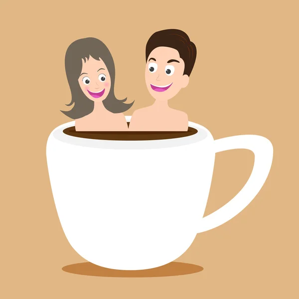 Счастливая пара принимает ванну в onsen горячий кофе чашка, вектор, иллюзия — стоковый вектор