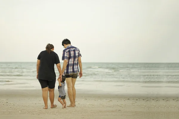 Heureux les jeunes asiatique famille avoir amusant marche sur tropical plage va — Photo