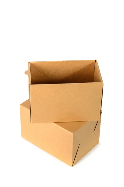 Brown cardboard box package with cover, isolated on white backgr — Stock Photo, Image