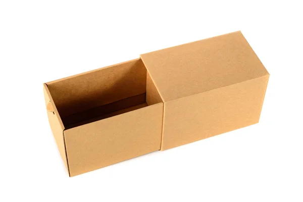 Brown cardboard box package with cover, isolated on white backgr — Stock Photo, Image