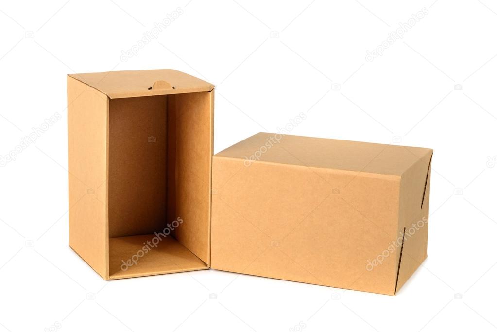 Brown cardboard box package with cover, isolated on white backgr