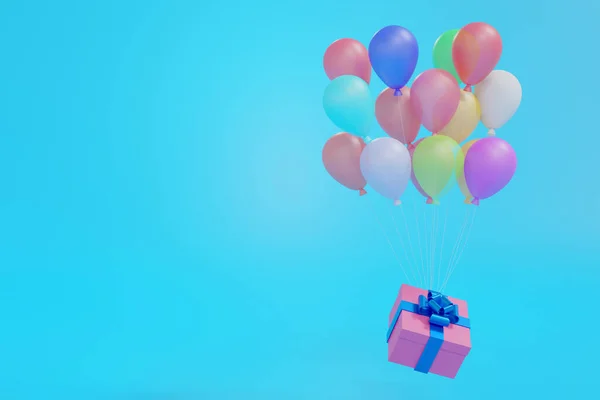 Pink Gift Box Present Box Blue Ribbon Floating Balloons Blue — Stock Photo, Image