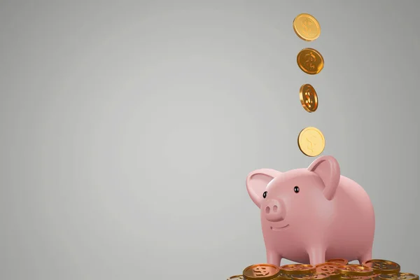 Piggy bank with falling gold coin, saving or save money or open a bank deposit concept, 3d render.