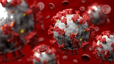 Coronavirus Covid-19 hücreleri kan damarlarında insan kırmızı kan hücreleri insan vücudu gribi arka planı, bulaşıcı virüs. SARS, 3 boyutlu görüntüleme