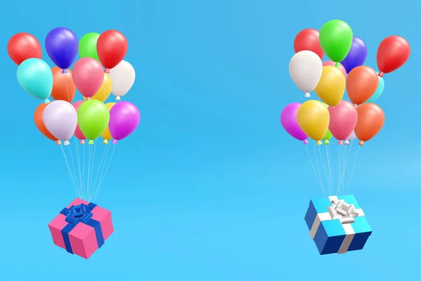Caixa Presente Caixa Presente Com Fita Azul Flutuando Por Balões — Fotografia de Stock