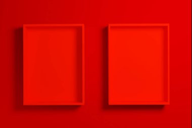 Ürün sunumu için kırmızı arkaplan üzerinde kırmızı kutu veya tepsi modeli, 3d oluşturma.