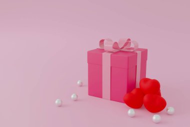 Pembe hediye kutusu ya da pembe pastel arka planda mevcut kutu, minimum Noel ve 3D sevgililer günü konsepti..