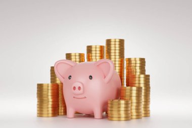 Para biriktirmek ya da biriktirmek ya da banka mevduat konsepti açmak için bir yığın altınla dolu domuz kumbarası..