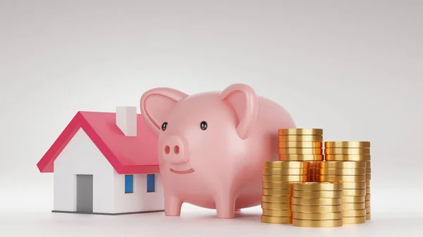 Piggy bank and model house with stack of gold coin, Saving money for house concept, 3D render