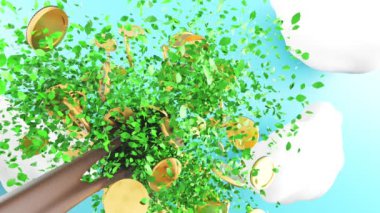 Animasyon madeni para mavi gökyüzü ve bulut, iş ve finansal konsept, 3D render.