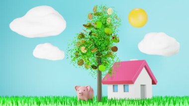 Model ev ve kumbaranın etrafındaki ağaçtan düşen animasyon madeni para, ev konsepti için tasarruf edilen bankacılık, 3D render. 4K UHD