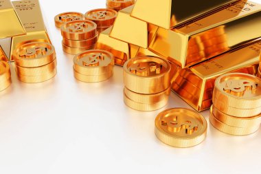 Altın para ve altın külçeleri ya da altın külçeleri, bankacılık ve finansal konsept, 3D render