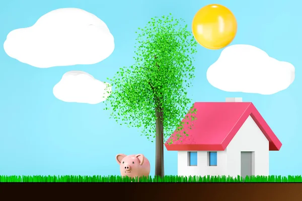 Little house under the tree with cute pig in green field countryside, 3d render