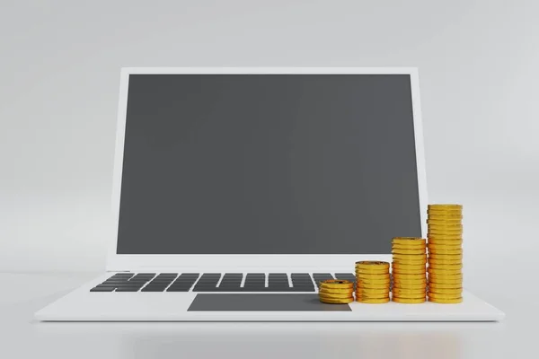 Pilha Moeda Ouro Com Laptop Computador Para Compras Line Conceito — Fotografia de Stock