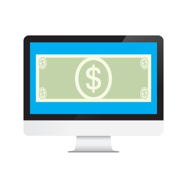 Beyaz arka plan üzerinde masaüstü bilgisayar para dolar ayırmak