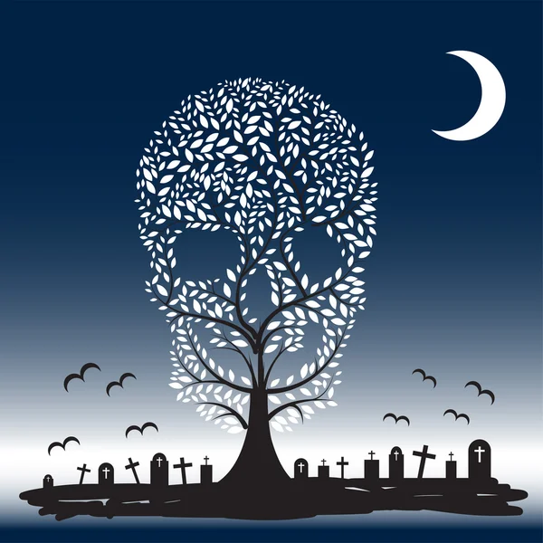 Ilustração vetorial de crânio árvore lua sepulturas —  Vetores de Stock