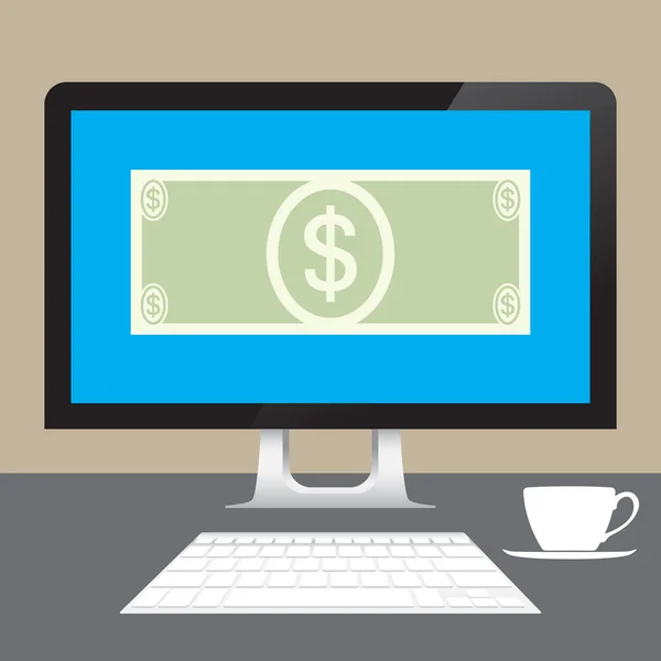 Peníze dolarech online od stolního počítače na stole — Stockový vektor