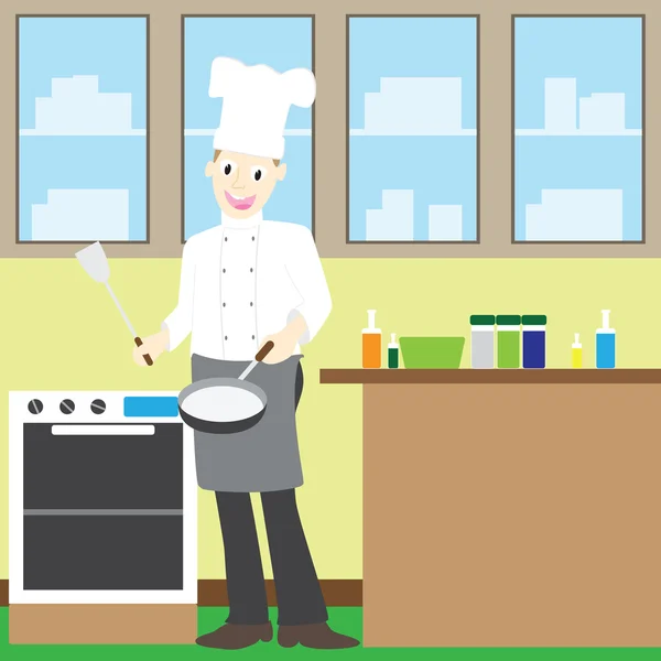 Illustration av en manlig kock matlagning i köket — Stock vektor
