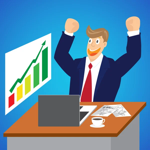 Illustration of Cheering businessman for stock market at his desk — Stock Vector