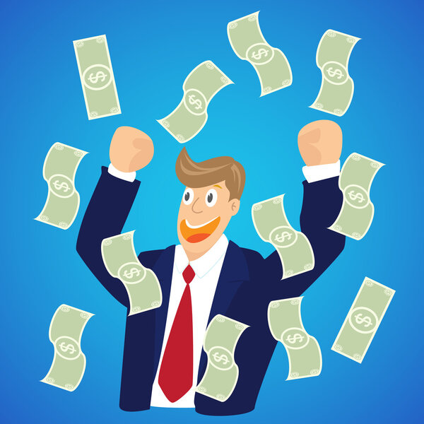 падение денег в руках бизнесмена на синем фоне
