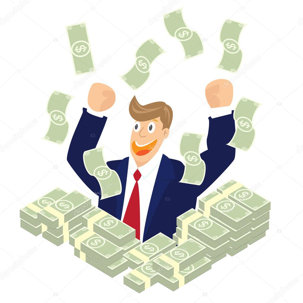 Businessman hand up in a pile of dollar money with falling money isolated.