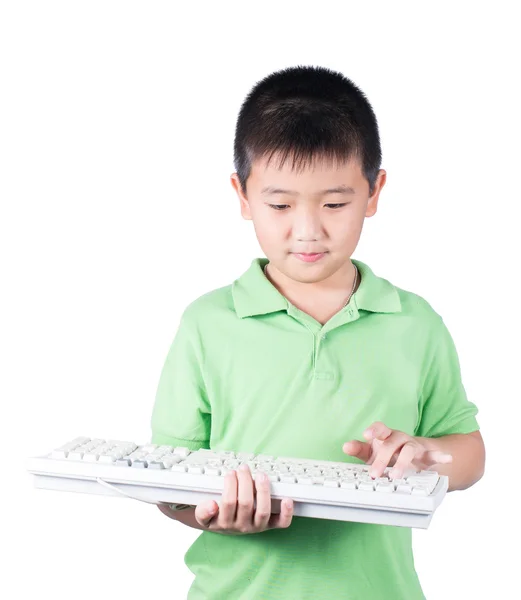 Cute boy with keyboard isolated on white background — Stock Photo, Image