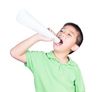 Beyaz bir çocuk hakları, beyaz arka plan izole kağıt ile yapılan sahte bir megafon ile küçük çocuk